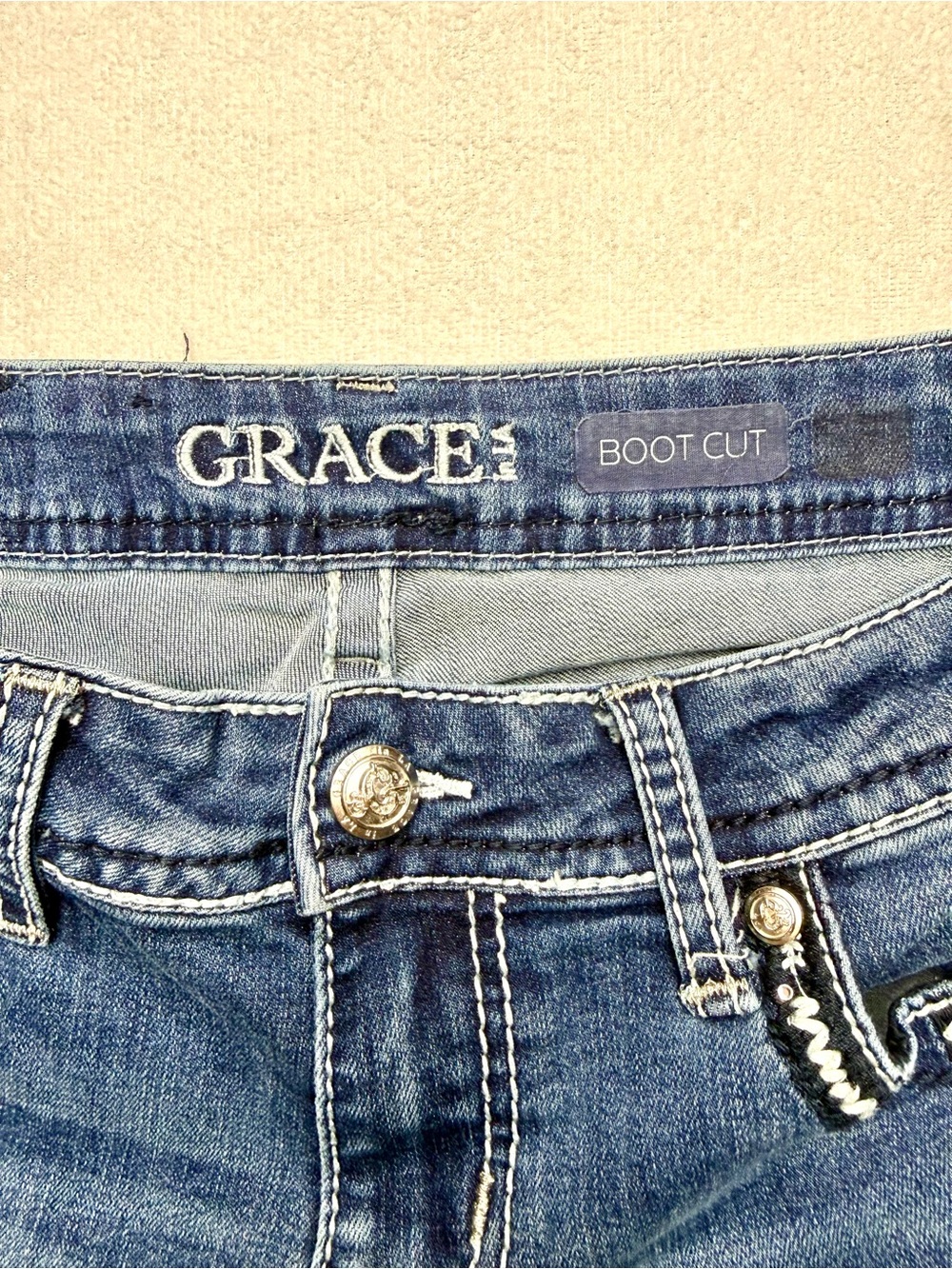 Grace in LA Medium Blue Bootcut Jeans with Beaded Pocket Accents - Picture 6 of 10